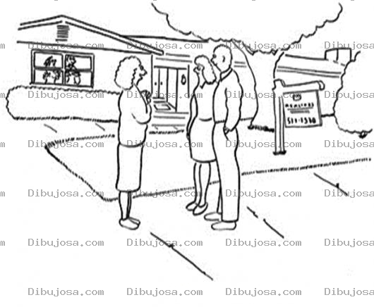 Dibujo para colorear Vendedora De Casas Para Pintar Y Colorear Corredora De Bienes Inmuebles Mostrando Una Casa A Pareja Interesada En Comprar Casa