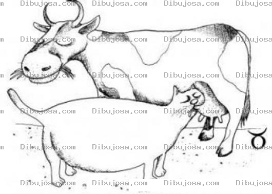 Dibujo para colorear Dibujo De Gato Gordo Mamando Leche De Una Vaca Para Pintar Y Colorear