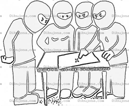 Dibujo para colorear Dibujo De Delincuentes Con Pasamontanas Planeando Un Robo Para Pintar Y Colorear Ladrones Maquinando Un Robo Con Un Mapa