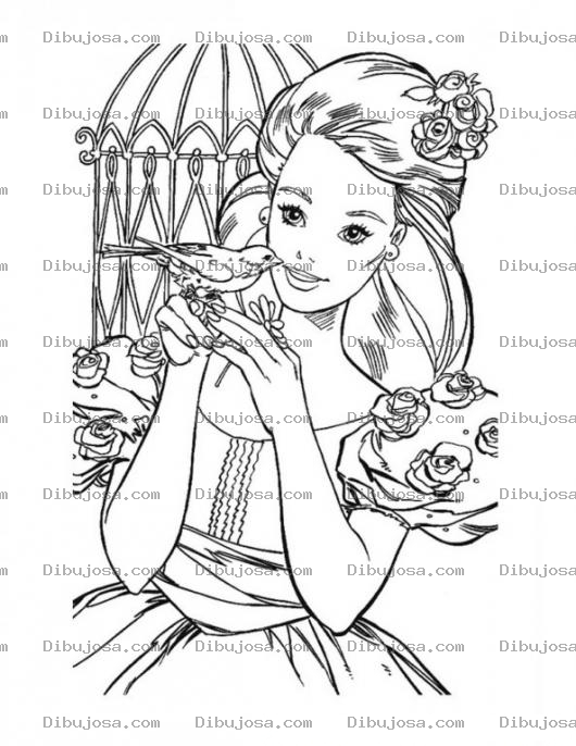 Dibujo para colorear Barbie con un Pajarito