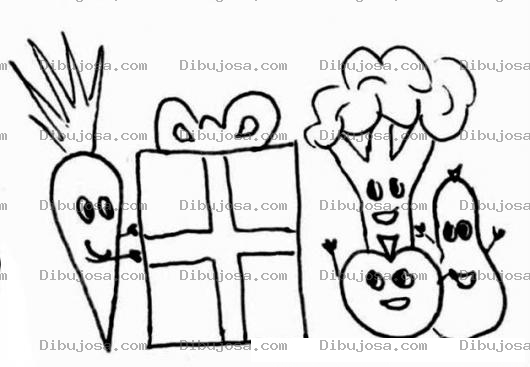 Dibujo para colorear Verduras En Navidad Dibujo De Zanahoria Dando Un Regalo A Un Tomate Un Brocoli Y Una Berenjena Para Pintar Y Colorear Verdurintas Navidenas