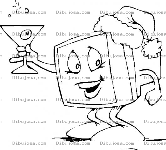 Dibujo para colorear Dibujo De Una Computadora Celebrando La Navidad Con Un Gorro De Navidad Y Una Copa De Vino Para Pintar Y Colorear Monitor De Computadora En Navidad