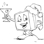Dibujo para colorear Dibujo De Una Computadora Celebrando La Navidad Con Un Gorro De Navidad Y Una Copa De Vino Para Pintar Y Colorear Monitor De Computadora En Navidad