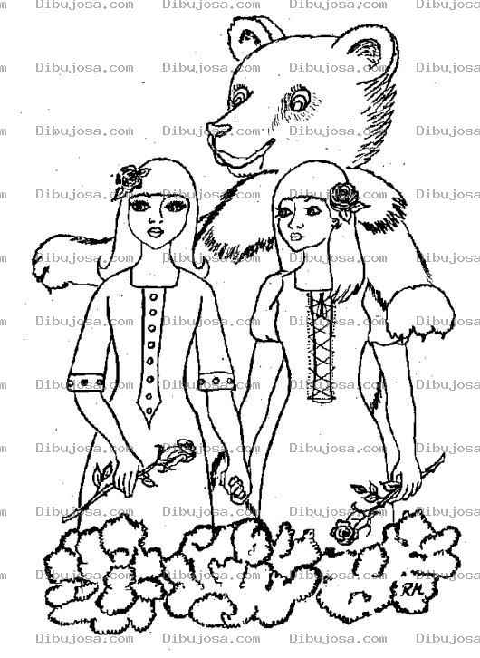 Dibujo para colorear DIbujo De Osa Con Dos Chicas Gemelas Para Pintar Y Colorear