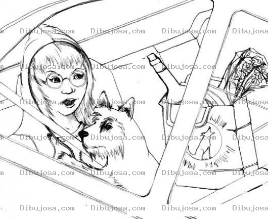 Dibujo para colorear Mujer En Taxi Dibujo De Una Mujer En Taxi De Compras Regresando Del Super Con Su Perrito Para Pintar Y Colorear Pasajera De Taxista Sentada En El Sillon De Atras