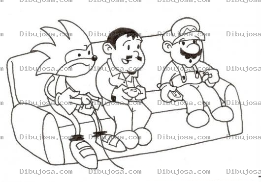 Dibujo para colorear Videojuegos De Los 80s Dibujo De Hombre Jugando Videojuegos Con Sonic Y Con Mariobros Para Pintar Y Colorear A Sonic Con Mario Bros Sentados En Un Sofa