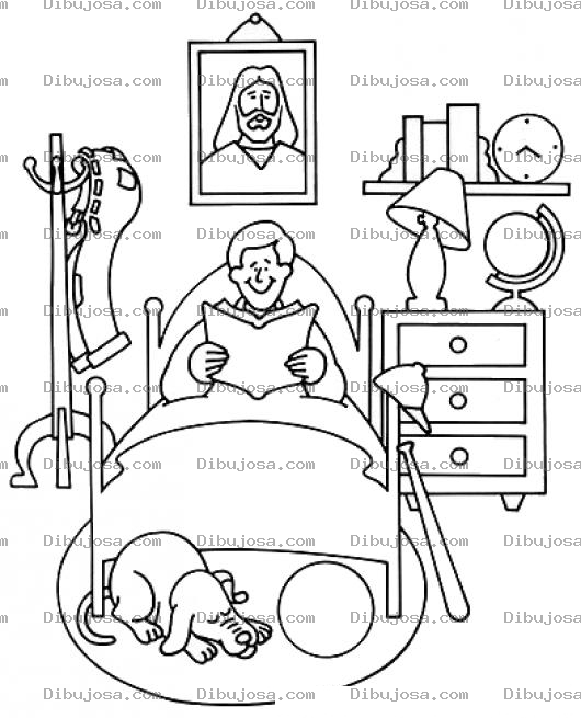 Dibujo para colorear Habitacion De Muchacho Cristiano Para Pintar Y Colorear Hombre Acostado En Su Cama Leyendo La Biblia
