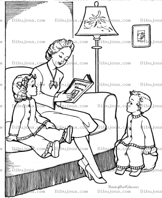 Dibujo para colorear Dibujo De Mama Leyendo Un Cuento A Sus Hijos Para Pintar Y Colorear