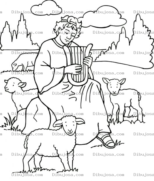 Dibujo para colorear Dibujo Biblico Del Rey David Pastoreando Ovejas Y Tocando El Arpa Para Pintar Y Colorear