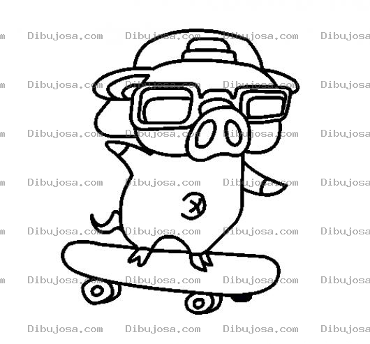 Dibujo para colorear Cerdito En Patineta Para Pintar Y Colorear