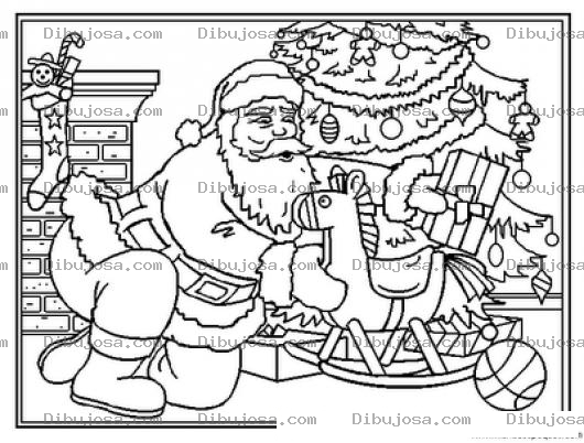 Dibujo para colorear Dibujo De Santa Claus Dejando Un Caballito De Madera En El Arbol De Navidad Para Pintar Y Colorear