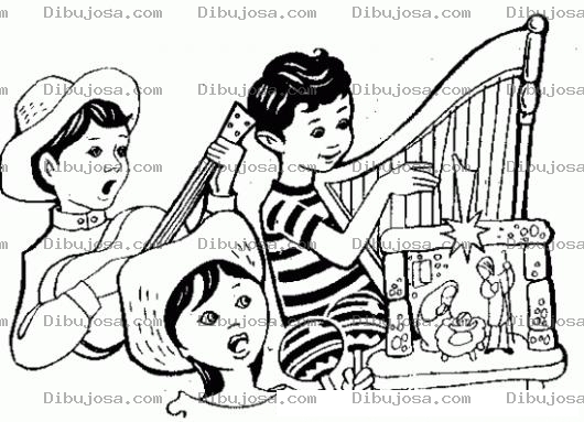 Dibujo para colorear Cantata De Ninos Cantando Y Tocando Musica En Navidad Para Pintar Y Colorear