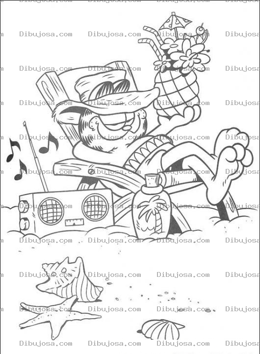 Dibujo para colorear Colorear a Garfiel en la playa