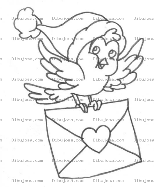 Dibujo para colorear Carta De Navidad Llevada Por Un Pajarito Con Sombrero De Santacalus Para Pintar Y Colorear Correspondencia Navidena
