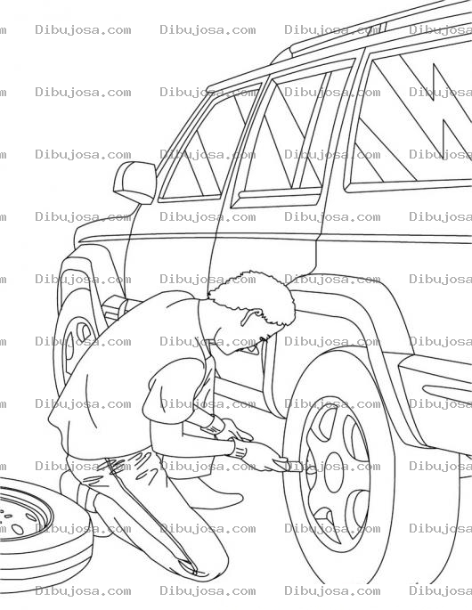 Dibujo para colorear Colorear hombre cambiando la llanta de un carro