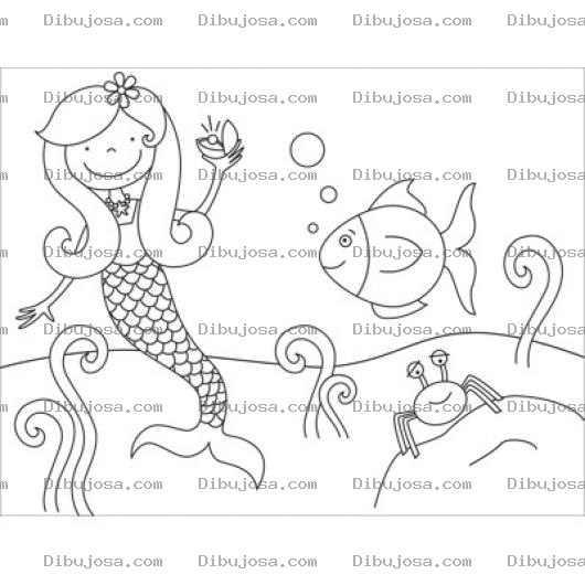 Dibujo para colorear Dibujo De Sirenita Con Una Perla De Ostra En El Fondo Del Mar Con Un Pez Y Un Cangrejo Para Pinrar Y Colorear
