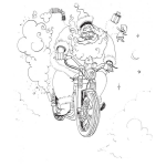 Dibujo para colorear Dibujo De Santaclaus En Moto A Toda Velocidad Tirando Juguetes