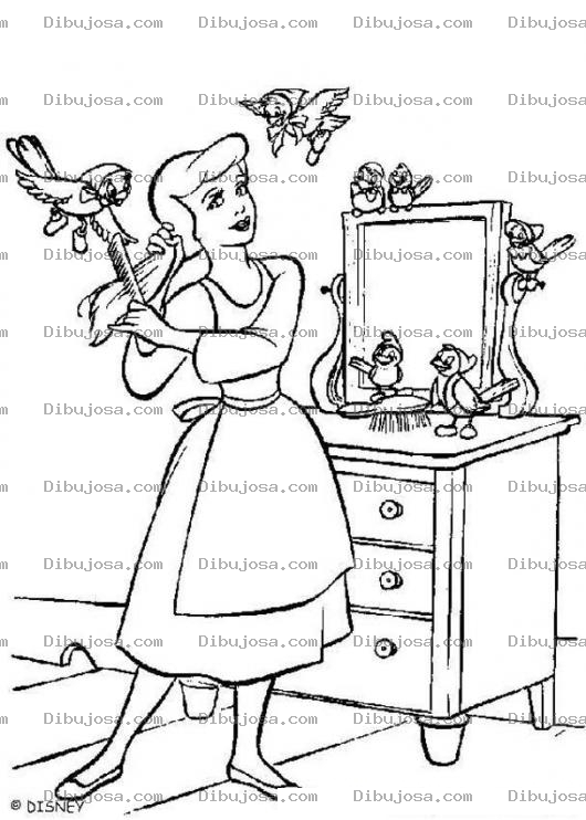 Dibujo para colorear Dibujo De Cenicienta Peinandose Con Pajaritos Ayudandole Para Pintar Y Colorear