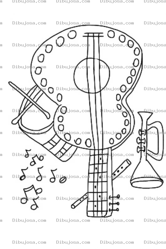 Dibujo para colorear Guitarra Trompeta Tambor Flauta Instrumentos Musicales Para Pintar Y Colorear