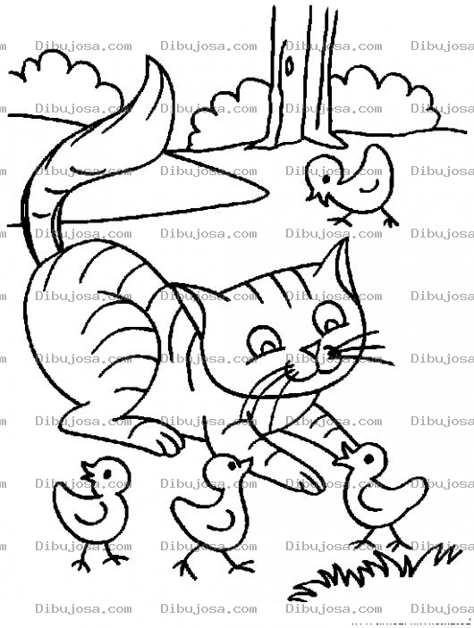 Dibujo para colorear Dibujo De Gato Jugando Con Unos Pollitos Para Pintar Y Colorear