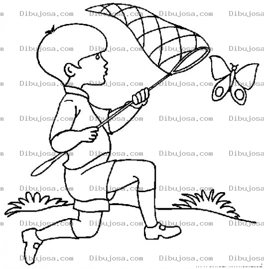 Dibujo para colorear Dibujo De Nino Persiguiendo A Una Mariposa Con Una Red Para Pintar Y Colorear
