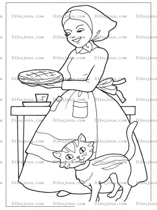 Dibujo para colorear Dibujo De Una Pastelera Cargando Un Pastel A La Par De Un Gato Para Pintar Y Colorear