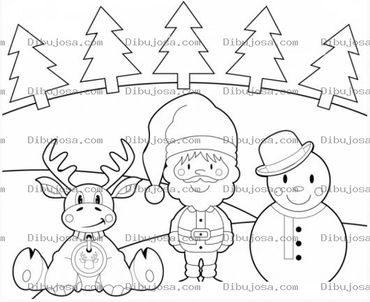 Dibujo para colorear Dibujo De Santaclaus Con Un Reno Y Un Muneco De Nieve Y Varios Arbolitos De Navidad Para Colorear