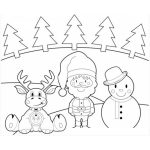 Dibujo para colorear Dibujo De Santaclaus Con Un Reno Y Un Muneco De Nieve Y Varios Arbolitos De Navidad Para Colorear