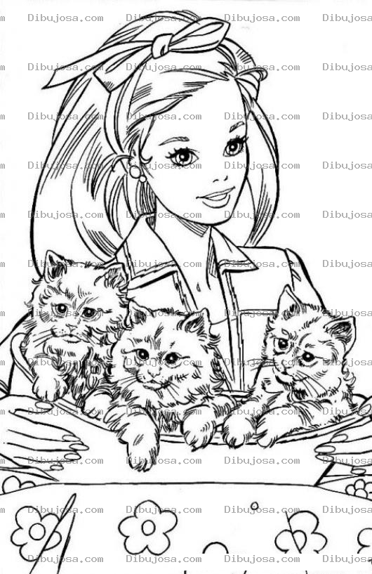 Dibujo para colorear Dibujo De Barbie Con Tres Gatitos Para Colorear Princesa Con 3 Gatos
