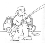 Dibujo para colorear Dibujo De Un Bombero Con Una Manguera Apagando Un Fuego Para Pintar Y Colorear