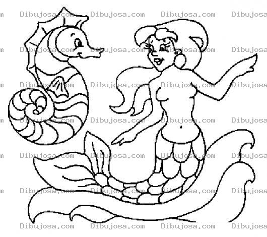 Dibujo para colorear Sirena Sin Brasier Con Un Caballito De Mar Para Pintar Y Colorear