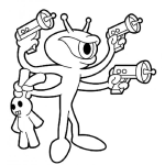 Dibujo para colorear Dibujo De Extraterrestre Con 4 Manos Y 3 Pistolas Para Pintar Y Colorear