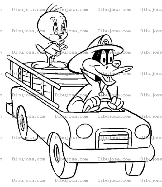 Dibujo para colorear Dibujo De Pato Lucas Y Piolin En Carro De Bomberos Para Pintar Y Colorear