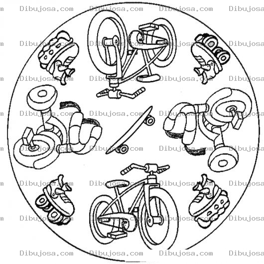 Dibujo para colorear Mandala De Bicicletas Y Patines Para Pintar Y Colorear