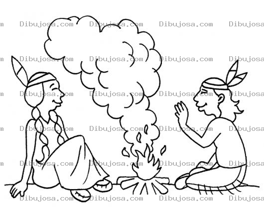 Dibujo para colorear Inditos En Fogata Dibujo De Una Pareja De Indigenas Haciendo Humo Para Pintar Y Coloerar Indito E Indita