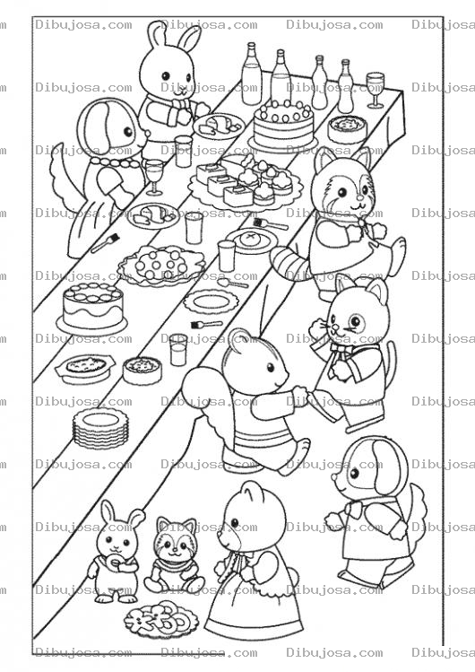 Dibujo para colorear Dibujo De Animalitos Comiendo En Una Fiesta Para Pintar Y Colorear