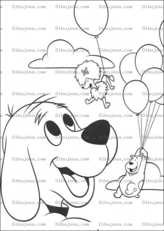 Dibujo para colorear Perro Clifor Con Sus Amigos Flotando Con Globos Para Pintar Y Colorear