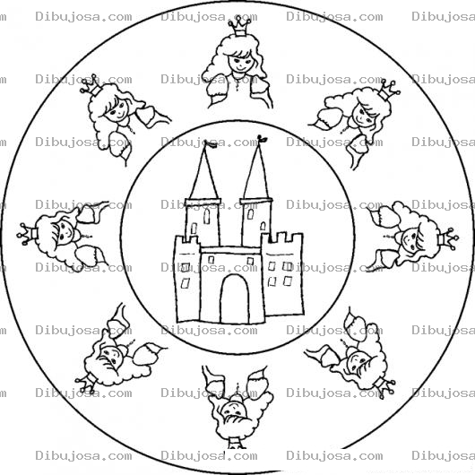 Dibujo para colorear Mandala De Princesas Con Castillo Para Pintar Y Colorear