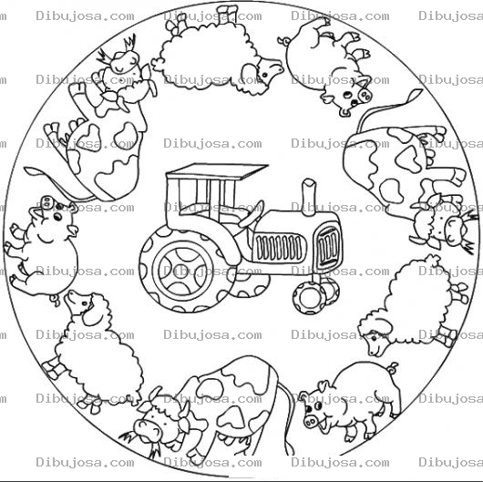 Dibujo para colorear Mandala De Animales De Granja Con Un Tractor Para Pintar Y Colorear