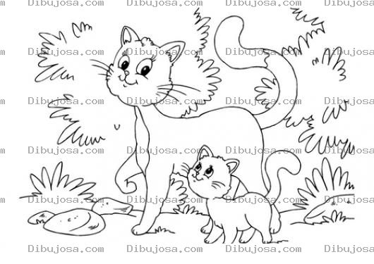 Dibujo para colorear Dibujo De Mama Gata Paseando Con Su Hijo Gatito Para Pintar Y Colorear