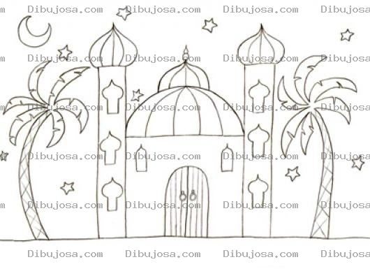 Dibujo para colorear Colorear Palacio Orinetal Con Dos Palmeras