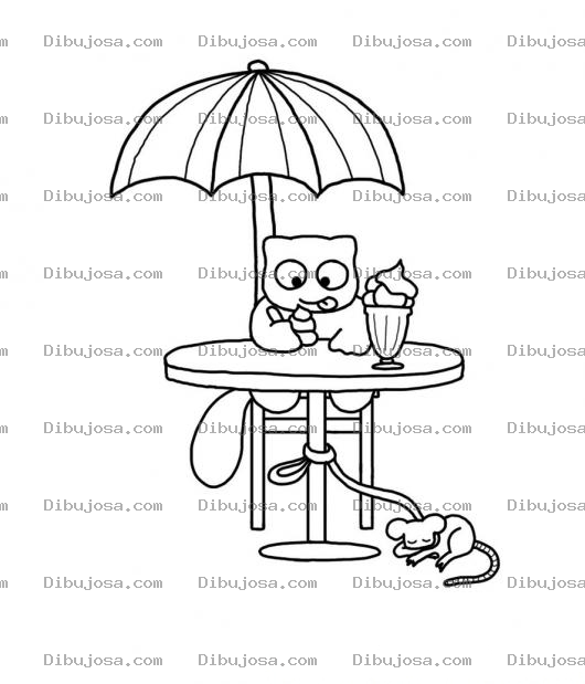 Dibujo para colorear Gato Comiendo Helado Con Su Postre Amarrado