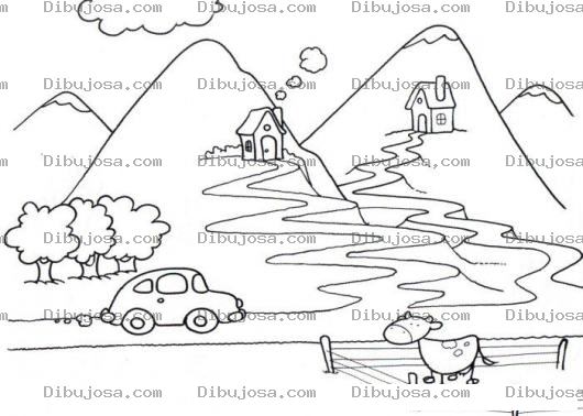 Dibujo para colorear Colorear Carrito En Camino De Montanas Con Una Vaquita