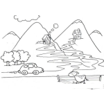 Dibujo para colorear Colorear Carrito En Camino De Montanas Con Una Vaquita