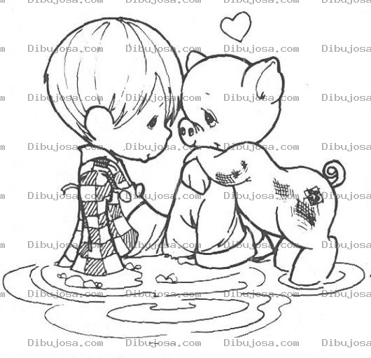 Dibujo para colorear Dibujo de un nino con un cerdo para dibujar