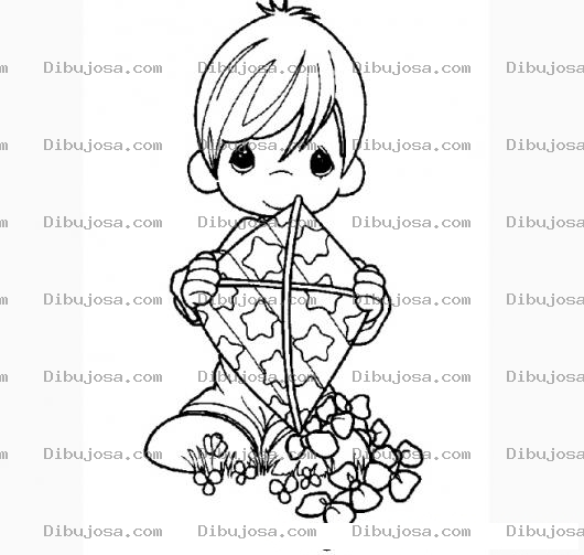 Dibujo para colorear Nini de Precious Moments en un columpio con un barrilet