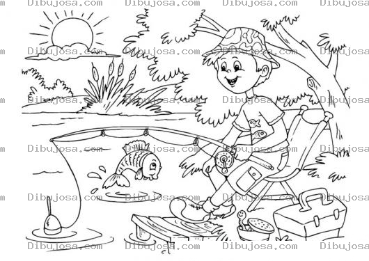 Dibujo para colorear Colorear Chico Pescando Con Gusanos En Una Laguna