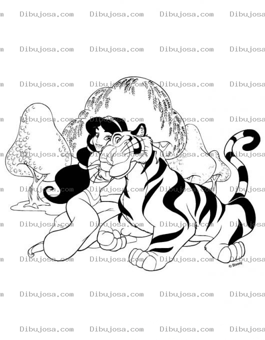 Dibujo para colorear Colorear Princesa con Tigre