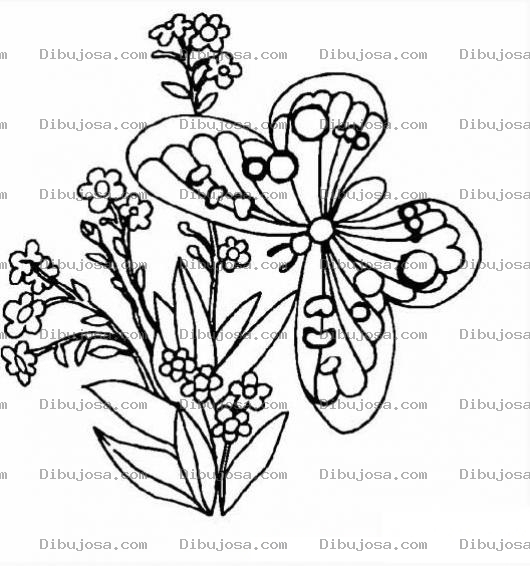 Dibujo para colorear mariposa en un jardin de flores