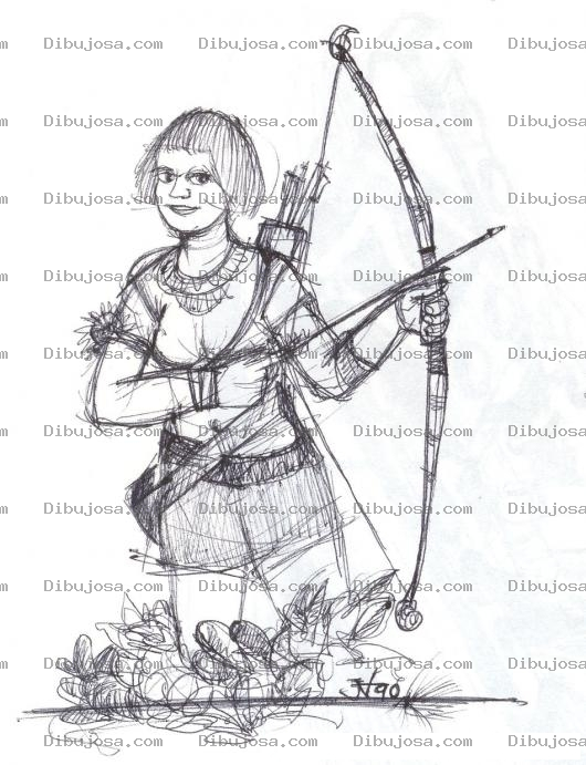 Dibujo para colorear Dibujo De Una Mujer Con Arco Para Pintar Y Colorear